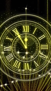 Animation of clock showing midnight and fireworks exploding on black background