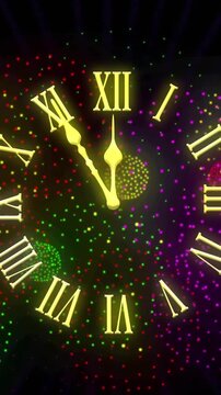 Animation of clock showing midnight and fireworks exploding on black background