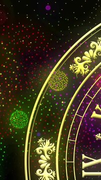 Animation of clock showing midnight and fireworks exploding on black background