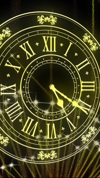 Animation of clock showing midnight and fireworks exploding on black background