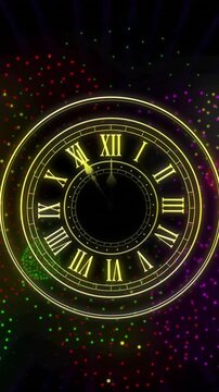 Animation of clock showing midnight and fireworks exploding on black background