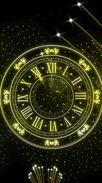Animation of clock showing midnight and fireworks exploding on black background
