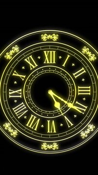 Animation of clock showing midnight and fireworks exploding on black background