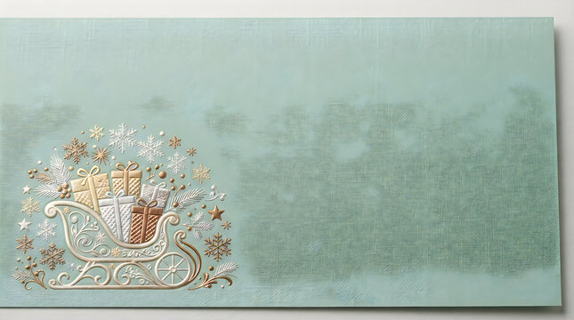 Christmas sleigh with colorful gift boxes on a light grey textured background