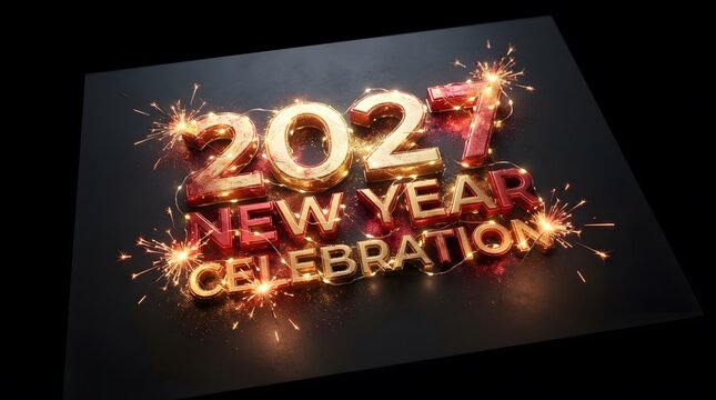 Shiny 2021 new year celebration text with glowing gold sparks on a dark background