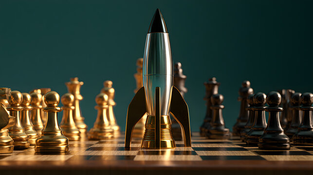 A shiny silver rocket toy stands prominently on a wooden chessboard, surrounded by golden and black chess pieces against a dark teal background.