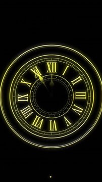 Animation of countdown, clock showing midnight and spots of light on black background