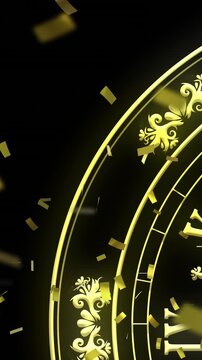 Animation of clock showing midnight, confetti and fireworks exploding on black background