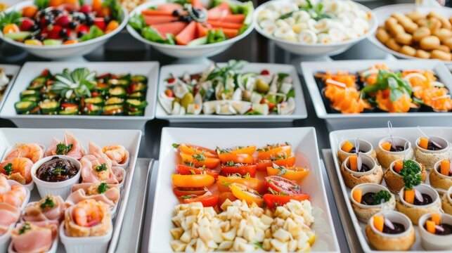 An abundant and artfully presented buffet showcasing a variety of gourmet appetizers fresh fruits salads and small bites ideal for events and gatherings