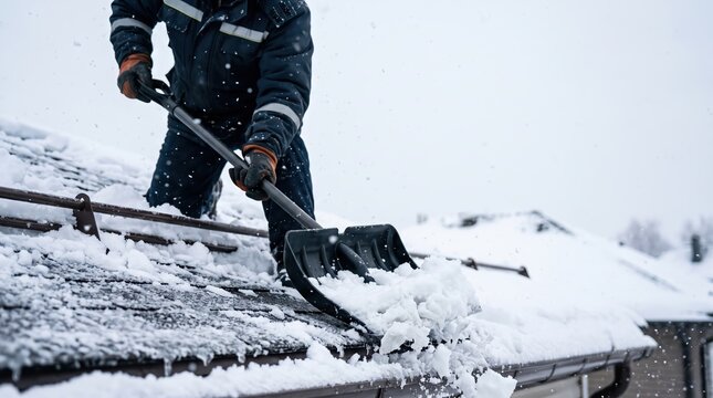 Person removing snow from roof with shovel during snowfall. Winter roof cleaning and maintenance service. Protection from ice damage and natural disaster concept.