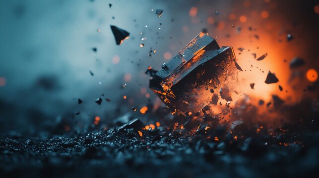 Stone disintegrates in fiery burst amidst dark, blurry terrain with blurred lights