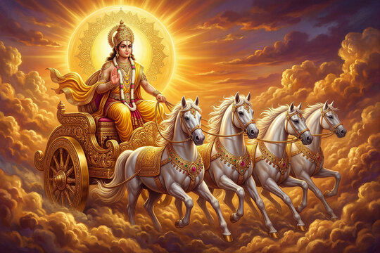 Majestic sun god from Indian mythology seated on a lotus chariot with a beautiful divine aura