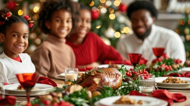 A multi gene nal Black family including children and a father shares a joyful holiday feast complete with a roasted turkey and festive deco ns gathered around a dining table