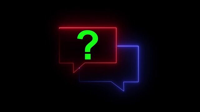 Green question mark in a neon red speech bubble, alongside a blue outline of another bubble, illustrates a distinct point of inquiry or a specific question arising from a dialogue.