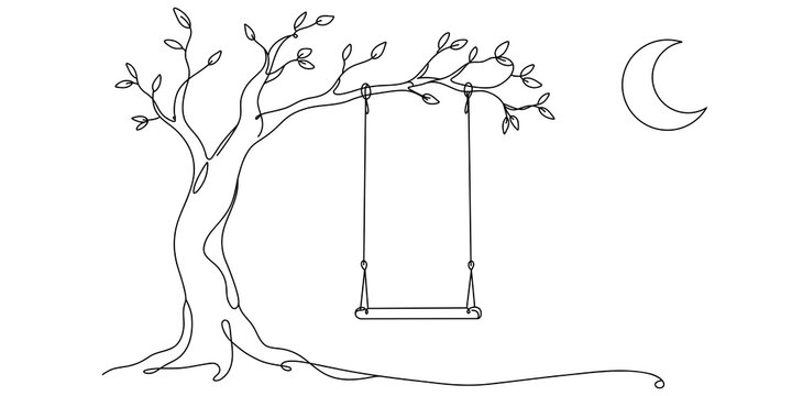 Hand drawn illustration of a swing hanging from tree branches under crescent moon