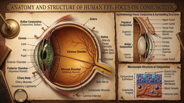 Detailed anatomical chart showing complex human eye structures and microscopic conjunctiva tissue layers with vintage aesthetic