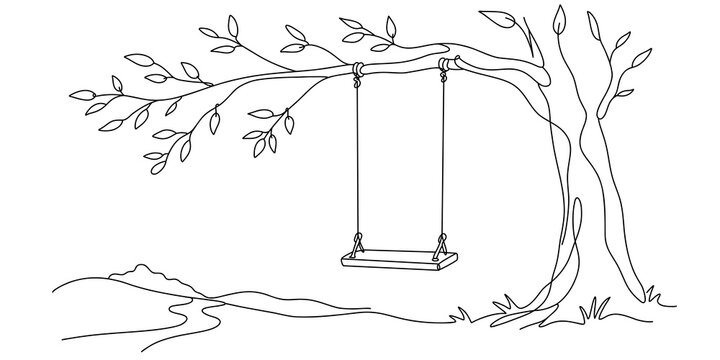 Minimalist line drawing of wooden swing hanging from tree branch in nature