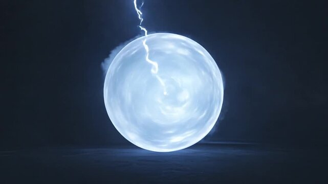 Electric plasma arc energy ball pulsing in center with blue discharges.
