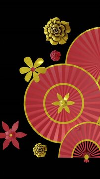 Animation of chinese red and gold floral pattern on black background