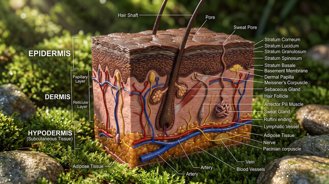 Detailed anatomical cross section of human skin layers showing hair follicles and veins in soft lighting