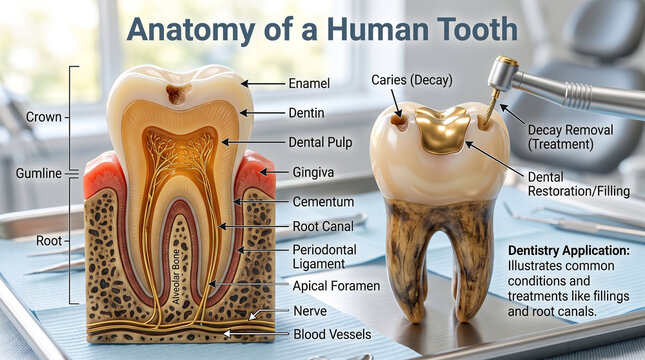 Detailed anatomical diagram of human tooth structures showing cross section layers and professional dental medical treatment
