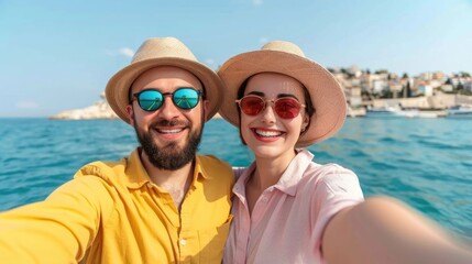 Fototapeta premium Smiling couple wearing hats and sunglasses captures a selfie on a boat journey with a picturesque coastal city and blue sky visible in the distance