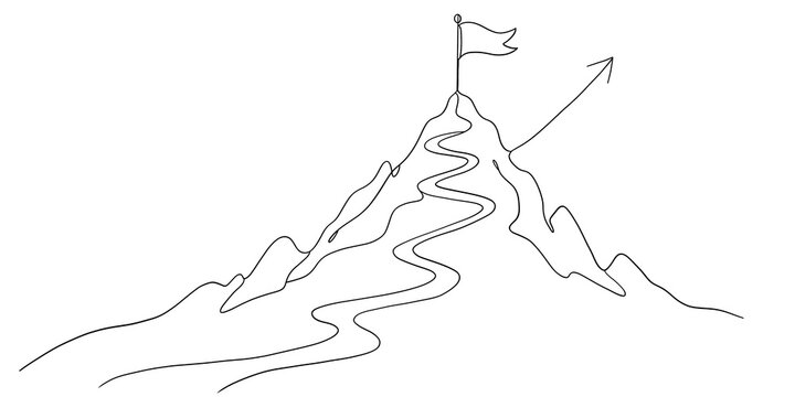 Hand drawn sketch of mountain peak with flag and winding path leading to success