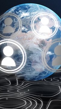 Profile icons spinning against globe over topography