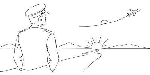 Airplane Pilot Contemplating Distant Flight Over Sunset Landscape © ImageFlow 