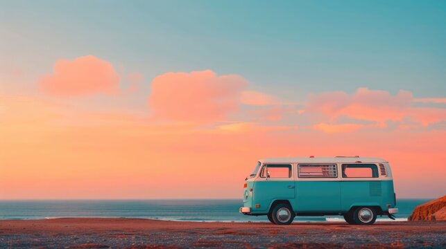 A nostalgic blue camper van is parked on a grassy cliff edge facing the calm ocean under a breathtaking sky painted with vibrant orange pink and blue hues during golden hour