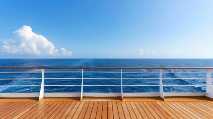 Fototapeta premium Expansive view from a serene cruise ship deck featuring a warm wooden surface and white railing looking out towards the vast calm blue ocean and a bright sky with fluffy clouds