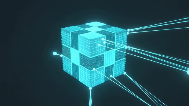 Glowing cyan blockchain data cube connecting with light lines in dark space.