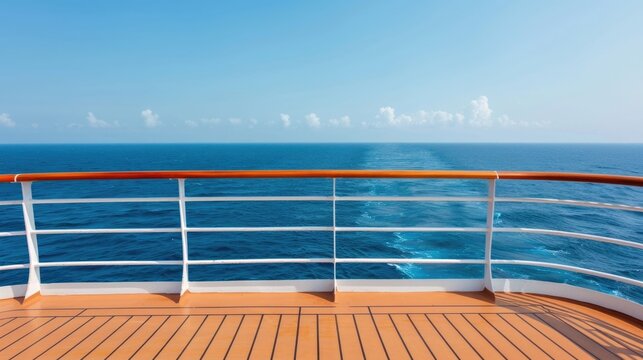 Expansive view from a wooden cruise ship deck looking out over a calm blue ocean towards the horizon under a clear sky with a subtle ship s wake indicating travel
