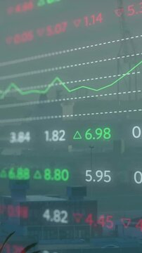 Animation of financial data processing over stop road sign and city