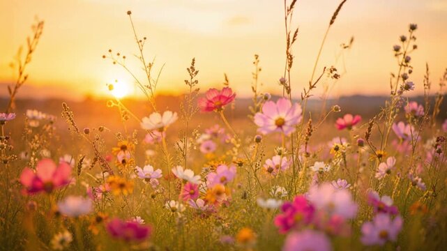 Video of colorful wildflowers glow across a dreamy meadow in warm golden sunset light