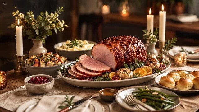 Video of glazed ham centerpiece served on an elegant festive table for a warm holiday dinner