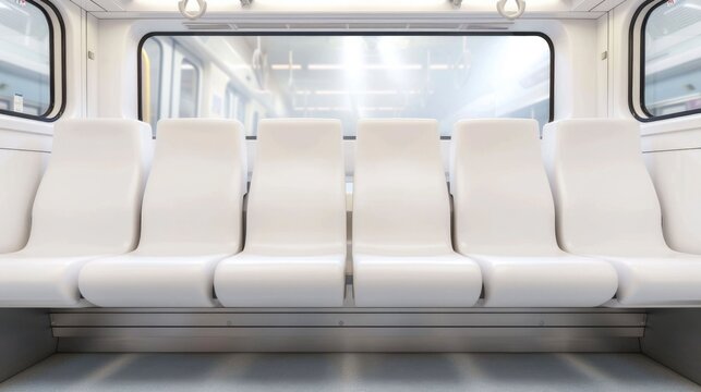 Clean bright interior of a contemporary empty metro train carriage  Pristine white seats are visible bathed in light showcasing modern minimalist design for public transportation and urban commutes