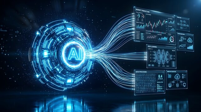 Artificial intelligence core connecting data streams to digital analytics dashboard panels