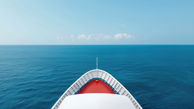 Forward view from a white and red cruise ship s bow cutting through the deep blue ocean on a clear tranquil day with scattered clouds on the horizon
