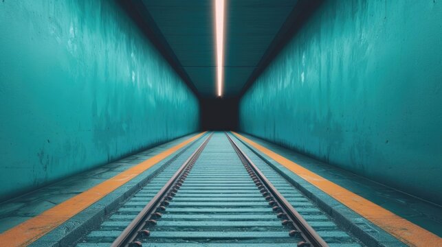 An atmospheric perspective driven image of a deserted subway station tunnel  Train tracks stretch forward towards a dimly lit opening bordered by teal walls and bright orange safety lines