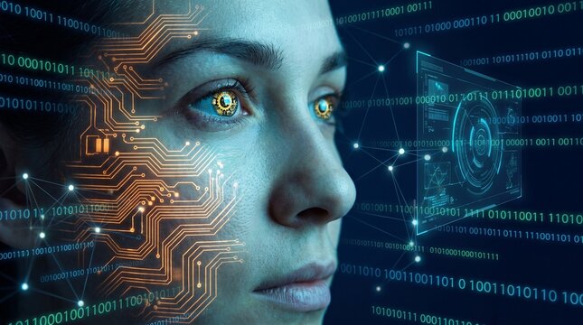 Human face integrated with digital circuits and binary data streams representing advanced artificial intelligence and cybernetic brain interface for high tech research and development