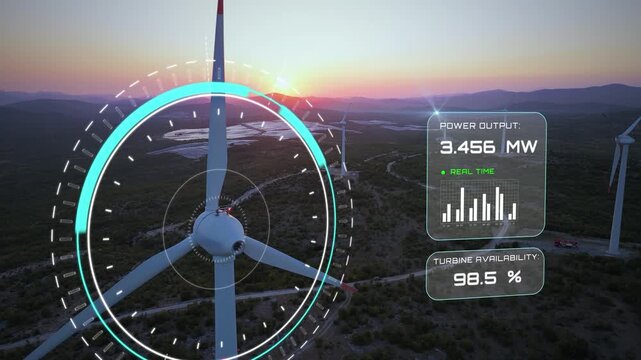 Wind turbine with an on-screen HUD displaying power output measurements and performance data over the turbine