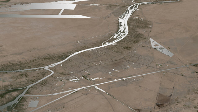 Oblique aerial 3D illustration of Basra, Iraq. Contains modified Copernicus Sentinel data (2023). Surface/elevation: ESA/Copernicus.
