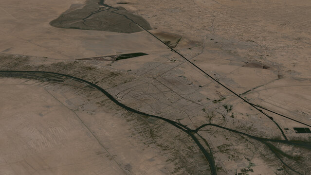 Oblique aerial 3D illustration of Basra, Iraq. Contains modified Copernicus Sentinel data (2023). Surface/elevation: ESA/Copernicus.