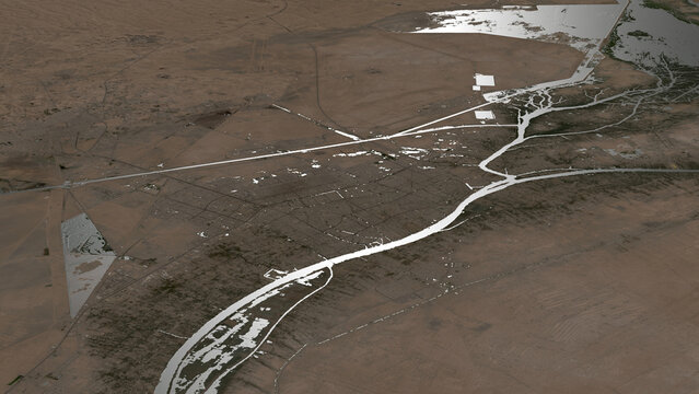 Oblique aerial 3D illustration of Basra, Iraq. Contains modified Copernicus Sentinel data (2023). Surface/elevation: ESA/Copernicus.