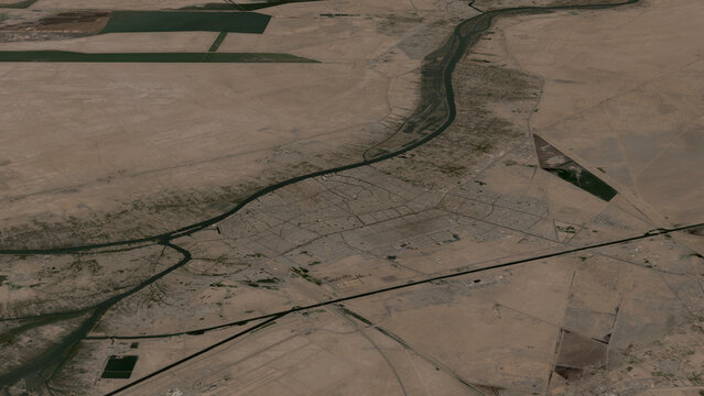 Oblique aerial 3D illustration of Basra, Iraq. Contains modified Copernicus Sentinel data (2023). Surface/elevation: ESA/Copernicus.