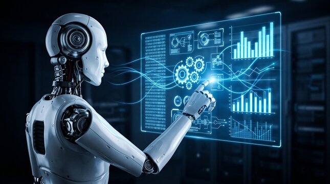 Sleek humanoid robot interacting with floating blue holographic dashboard showing data analytics and industrial gears in professional server room environment
