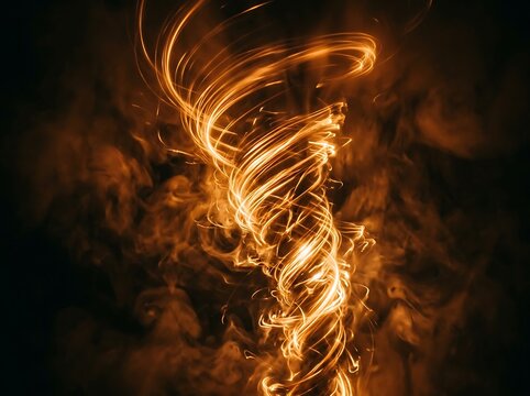 Fiery tornado of glowing light trails, swirling fire vortex with sparks and smoke, abstract golden energy cyclone on black background