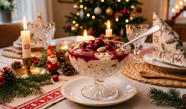 A bowl of chilled Danish Christmas rice pudding (Risalamande) served in a crystal glass dish, Creamy almond rice pudding layered under vibrant glossy warm sour c