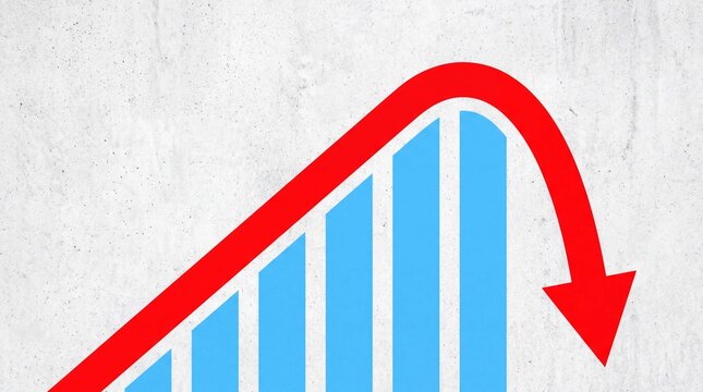 Bar graph with a falling red arrow representing a market crash, economic recession, or business failure